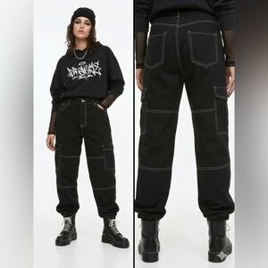 H&M DIVIDED CARGO PANTS BLACK CONTRAST STITCH STRAIGHT LEG SIZE 8